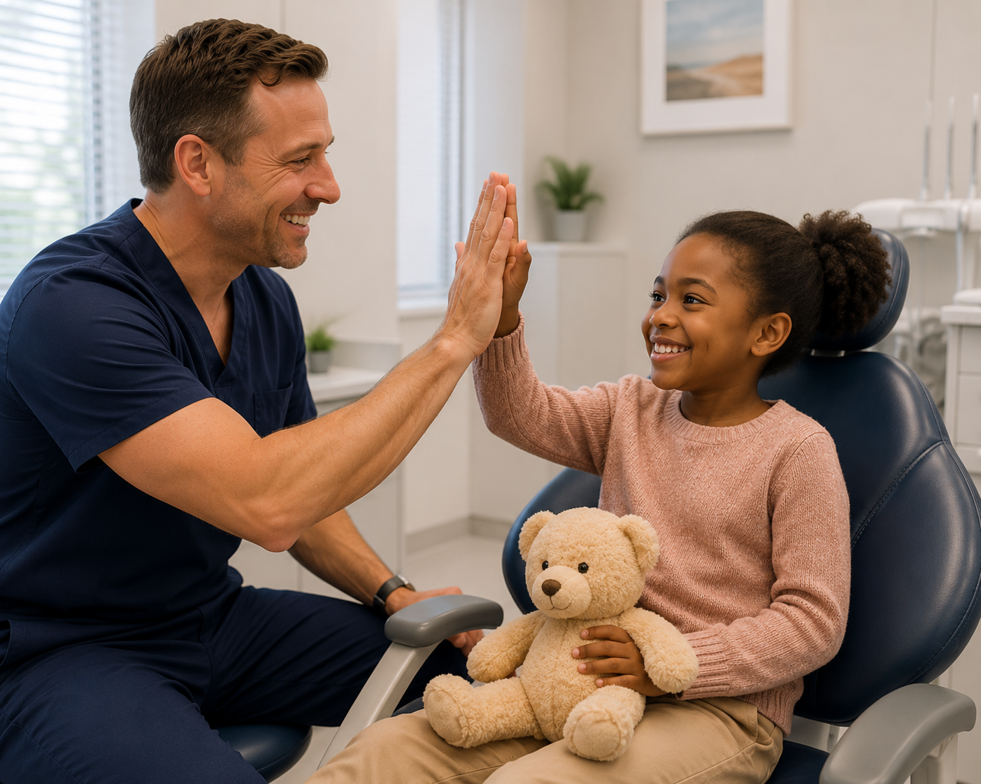 Dentist giving a smiling young patient a high-five in a comfortable dental chair