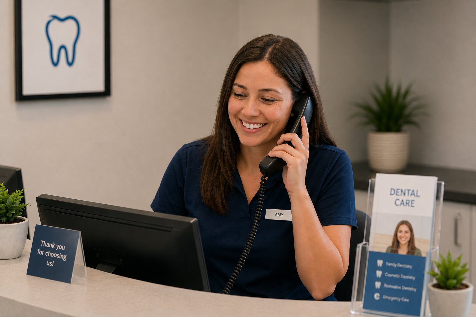 Friendly front desk team member answering a phone call at the reception desk
