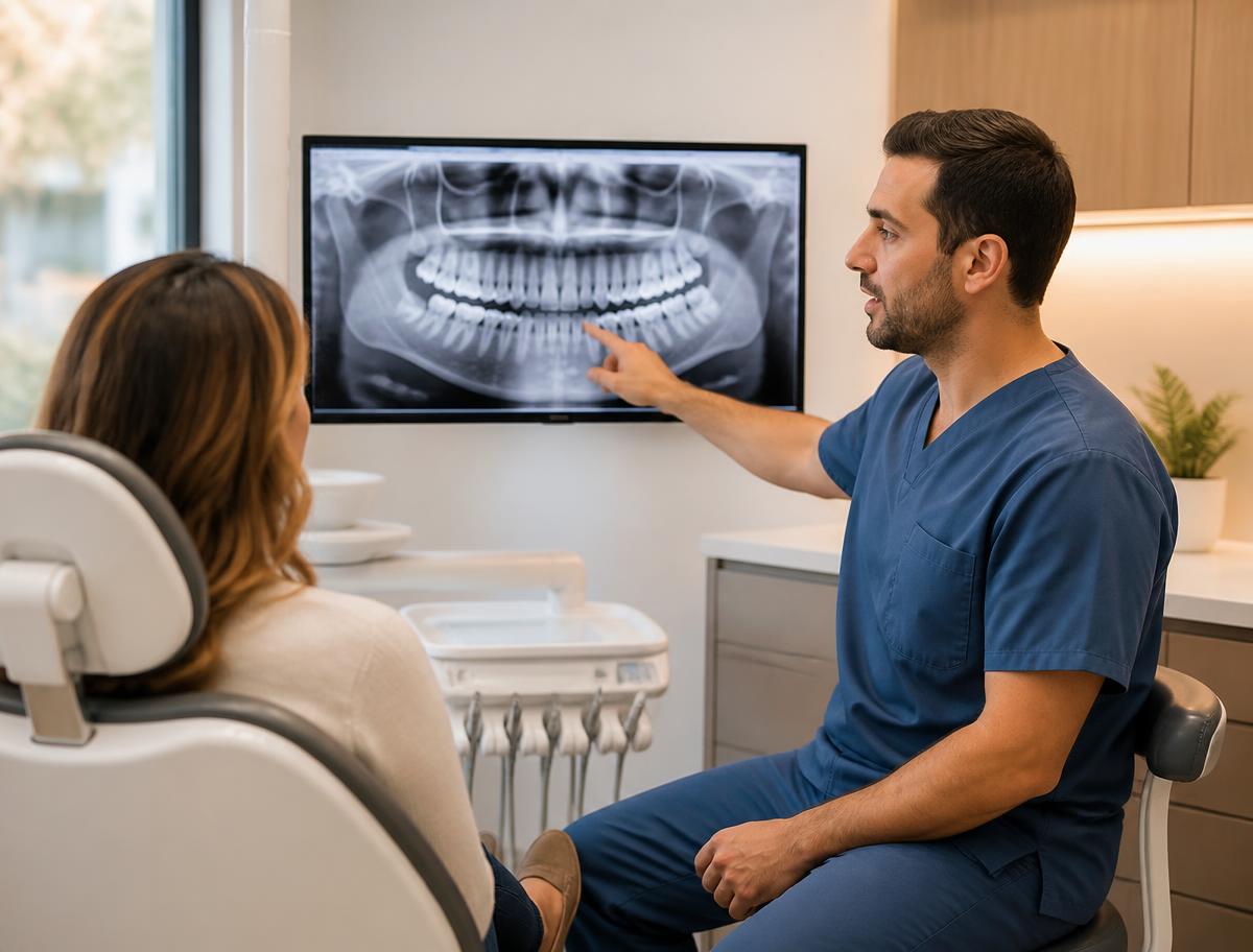 Dentist showing a patient their digital x-ray on a screen while explaining treatment