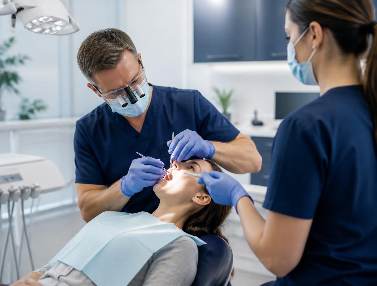 Dentist and assistant carefully treating a patient during an urgent dental visit