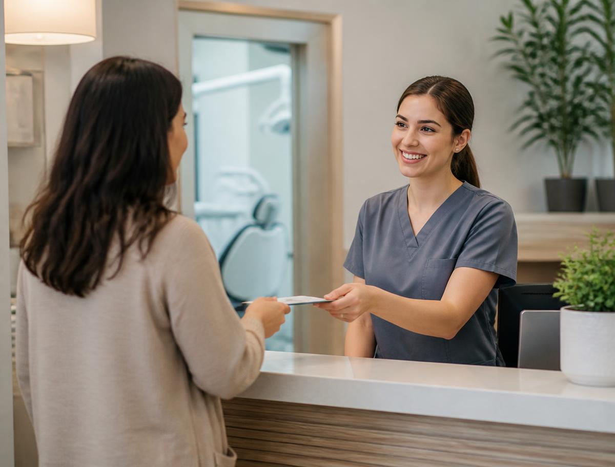 Friendly dental receptionist greeting a patient at a clean, modern front desk