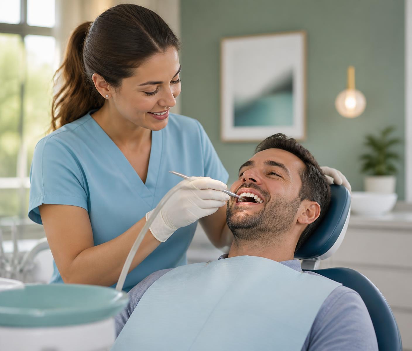 Dental hygienist gently cleaning a relaxed patient's teeth in a bright treatment room