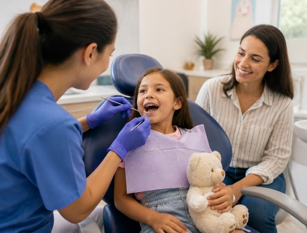 Hygienist gently examining a young child's teeth while a parent watches nearby