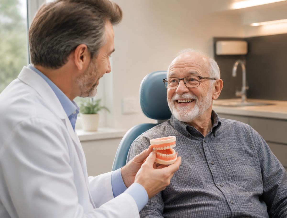 Dentist discussing a tooth replacement option with an older patient